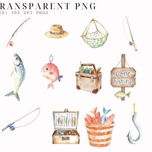 May include: A set of watercolor illustrations of fishing themed items, including a fishing rod, a fishing net, a hat, a tackle box, a bucket of fish, a fish, a hook, and a sign that says "Gone Fishing".
