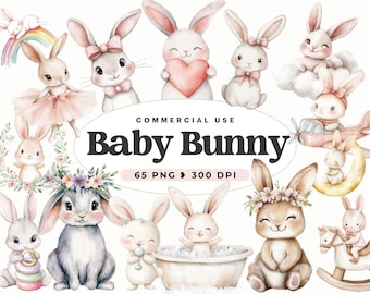 Bunny Baby Shower Watercolor Clipart, Nursery Decor, Woodland, Boho Rabbit Clipvart, Digital Download, Baby Animals, Invite, Commercial Use