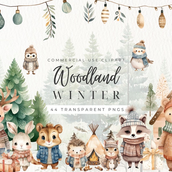 Imágenes Prediseñadas de Navidad del bosque, imágenes prediseñadas de Navidad, etiquetas de regalo, Navidad de invierno de acuarela, imágenes prediseñadas de animales, animales lindos del bosque, descarga digital