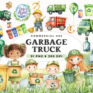Müllwagen Clipart, Müllauto, Clipart, Aquarell Papierkorb, Geburtstagskind, Einladungskind, Kommerzielle Nutzung