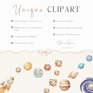 May include: A digital clipart image featuring a collection of planets, a rocket, and a galaxy. The text "Unique CLIPART" is at the top, with additional text describing the product's features. The planets have smiling faces, and the overall design has a watercolor style.