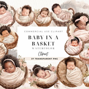 Clipart de bebê em uma cesta, clipart de bebê menina menino, uso comercial, arte de parede de berçário, cesta de Páscoa, infantil png, chá de bebê, clipart digital