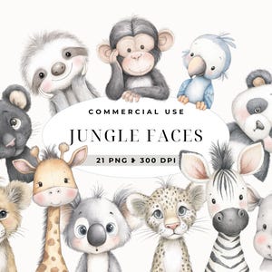 Retrato de animal de safári em aquarela, clipart, filhotes de animais, clipart de chá de bebê, rostos fofos e suaves em tons pastéis, leão, girafa, selva, uso comercial
