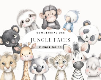 Aquarell Safari Tier Portrait Clipart, Baby Tiere, Baby Dusche Clipart, Pastell weiche niedliche Gesichter, Löwe, Giraffe, Dschungel, kommerzielle Nutzung