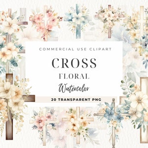 Acquerello Christian Cross Clipart, Clip art per uso commerciale, PNG trasparenti, È risorto, Religioso, Fiori, Chiesa, Pasqua