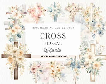 Aquarell christliches Kreuz Clipart, Clip Art für kommerzielle Nutzung, transparente PNGs, Er ist auferstanden, Religiös, Blumen, Kirche, Ostern