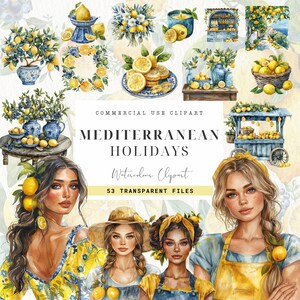 Clipart aquarelle méditerranéen, carrelage méditerranéen, téléchargement numérique, mode femme, guirlande de citronnier, nourriture, été, art imprimable