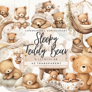 Clipart aquarelle ours en peluche endormi, clipart baby shower, lune d'ours en peluche mignon Boho, nuage, baby shower, art mural chambre d'enfant, usage Commercial