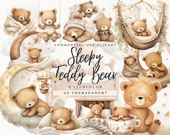 Watercolor Sleepy Teddy Bear Clipart, Baby Shower Clip Art, Boho Cute Teddy Bear Moon, Cloud, Baby Shower, Nursery Wall Art, Commercial Use