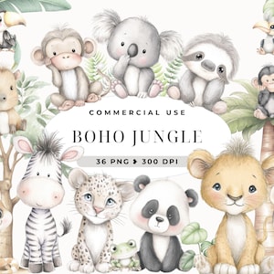 Clipart Boho Safari, Clipart Baby Shower, Cuccioli di animali della giungla, Acquerello pastello, Animali tropicali carini, Arte per bambini, Uso commerciale