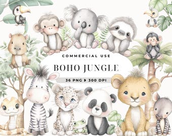 Clipart Boho Safari, Clipart Baby Shower, Cuccioli di animali della giungla, Acquerello pastello, Animali tropicali carini, Arte per bambini, Uso commerciale