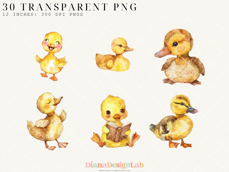May include: Set of six watercolor illustrations of cute yellow ducklings. The ducklings are in various poses, including sitting, standing, and reading a book. The illustrations are perfect for adding a touch of whimsy to any project.