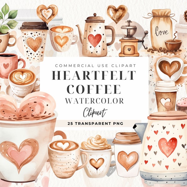 Coffee Valentine Clipart, Valentine'S Day Clipart, Cute Clip Art, Watercolor Coffee Mug, Sleeves, Coffee Lover, Latte Heart, Commercial Use