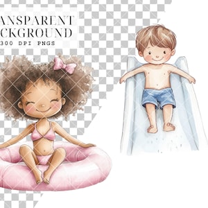May include: Watercolor illustration featuring two children. One child is in a pink inner tube, wearing a pink bikini, and the other is on a water slide, wearing blue shorts. The image has the text "TRANSPARENT BACKGROUND 300 DPI PNGS".