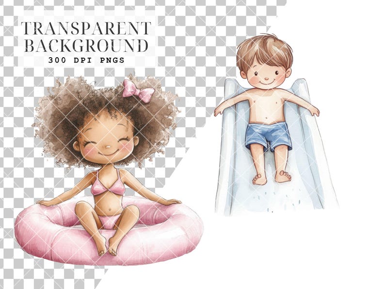 May include: Watercolor illustration featuring two children. One child is in a pink inner tube, wearing a pink bikini, and the other is on a water slide, wearing blue shorts. The image has the text "TRANSPARENT BACKGROUND 300 DPI PNGS".