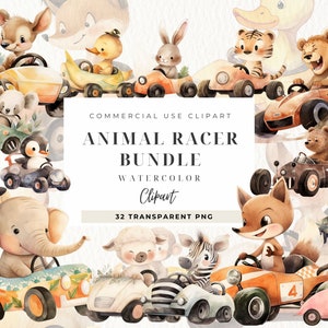 Baby Animal Race Car Clipart, Aquarel Baby Boy Sport Cars, Transport Png, Decor van de kwekerij, Safari Cars, Woodland, Commercieel gebruik