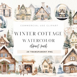 Imágenes prediseñadas de cabaña de invierno, imágenes prediseñadas de Navidad, casas acogedoras de cabaña, imágenes prediseñadas de cabaña de invierno, descarga digital, invierno nevado, uso comercial