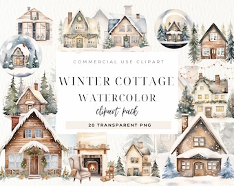 Winter Cottage Cliparts, Xmas Clipart, Cottage Cozy Houses, Winter Cottage Clipart, Digital Download, Snowy Winter, Commercial Use