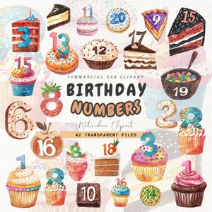 Clipart anniversaire chiffres, cupcakes, gâteaux, numérique, autocollant chiffres, autocollant anniversaire garçon, célébrations, graphismes de fête, aquarelle de fête