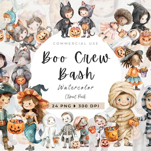 Cute Halloween Watercolor Clipart, Spooky Halloween, Witch, Ghost, Kids Halloween Decoration, Pumpkin, Mummy, Trick Or Treat, Friends Party