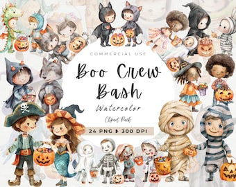 Cute Halloween Watercolor Clipart, Spooky Halloween, Witch, Ghost, Kids Halloween Decoration, Pumpkin, Mummy, Trick Or Treat, Friends Party