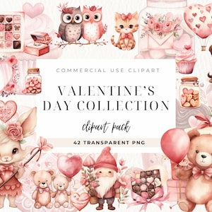 Clipart di San Valentino ad acquerello, Clipart d'amore, Rosa pastello, Orso, Gnomi, Caramelle, Matrimonio PNG, Boho Valentine Clipart, Carta per uso commerciale