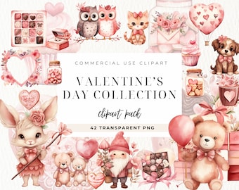 Aquarel Valentijnsdag clipart, liefde clipart, pastel roze, beer, kabouters, snoep, bruiloft PNG, Boho Valentine clipart, kaart commercieel gebruik