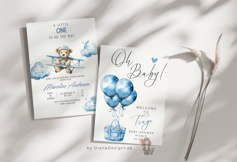 May include: Two baby shower invitations with blue and white watercolor designs. The first invitation features a teddy bear in a blue airplane flying through clouds. The second invitation features blue balloons tied to a blue tote bag with a teddy bear inside. The text on the invitations reads "A little one is on the way" and "Oh Baby! Welcome to Tiago Baby Shower Picnic 14.06".