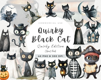 May include: A set of 46 digital clipart images featuring quirky black cats in various poses and costumes. The cats are illustrated in a watercolor style and include a pirate cat, a cat wearing a cape, a cat with a magnifying glass, and a cat dressed as a ghost. The clipart is perfect for Halloween projects, scrapbooking, and other creative endeavors.