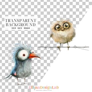May include: Two cartoon birds with large eyes perched on a branch. The bird on the left is gray with a blue tail and a red beak. The bird on the right is brown with a white belly.