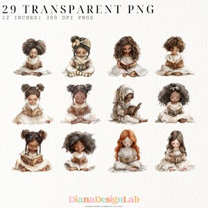 May include: A set of 12 digital illustrations of children reading books. The children are of different ethnicities and have different hair styles. The illustrations are in a watercolor style and are set against a white background.