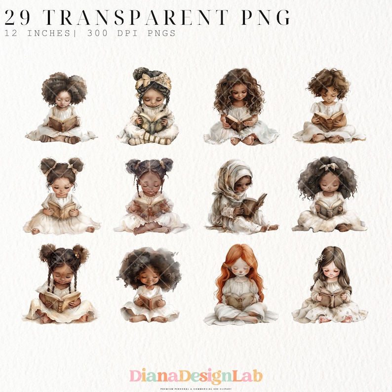 May include: A set of 12 digital illustrations of children reading books. The children are of different ethnicities and have different hair styles. The illustrations are in a watercolor style and are set against a white background.