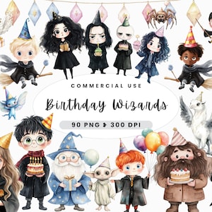 Clipart de cumpleaños de la escuela de magos, cumpleaños infantil, PNG de la escuela de magia, magos y brujas, acuarela caprichosa, niño mago, niña mago, uso comercial
