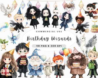 Puede incluir: Un conjunto de ilustraciones de acuarela con personajes del universo de Harry Potter vestidos con sombreros de cumpleaños y sosteniendo objetos con temática de cumpleaños. Las ilustraciones incluyen un mago, una bruja, un unicornio, un fénix, un pastel y globos. El texto "Birthday Wizards" está escrito en una fuente caprichosa.