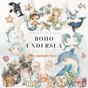 Sealife Clipart, unter dem Meer Geburtstag, Meer Clip Art, Narwhal Aquarell PNG, digitale Dateien, Meerjungfrau Boho, Baby-Dusche, kommerzielle Nutzung