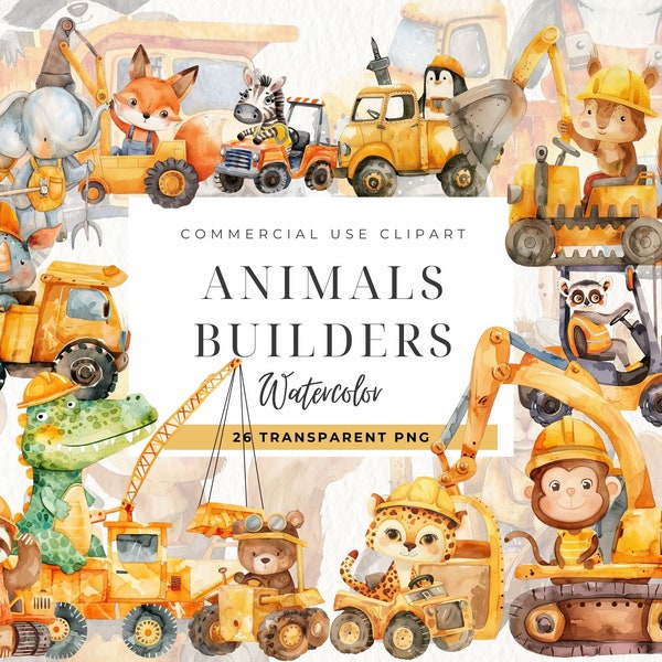 Construction Animals Clipart, Watercolor Safari Truck Clip Art, Construction Bear, Construction Party, Construction PNG Files, Baby Shower