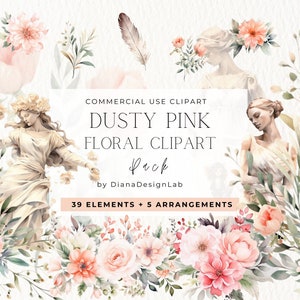 Dusty Rose Floral Clipart, Wedding Clipart, Premade Clipart, Watercolor Flower Clipart, Watercolor Floral Clipart Bouquets, Statue, Feathers
