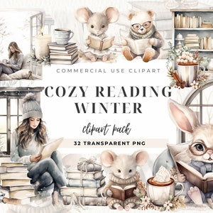 Clipart di lettura invernale, ClipArt invernale, angolo di lettura accogliente, clipart autunnale accogliente, lettura di animali, clipart di libri, diario spazzatura, uso commerciale