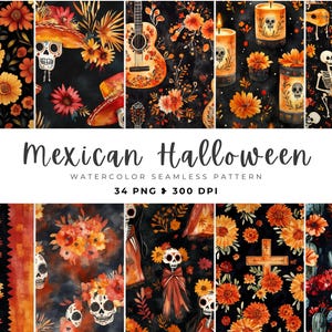 メキシカンハロウィーンシームレス、死者の日、デジタル繰り返しパターン、カード作成、死者の日、頭蓋骨、ジャンクジャーナル、スクラップブック
