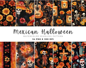 Mexikanisches Halloween Nahtlos, Tag der Toten, Digitales wiederholendes Muster, Kartenherstellung, Dia De Los Muertos, Schädel, Junk-Journal, Sammelalbum