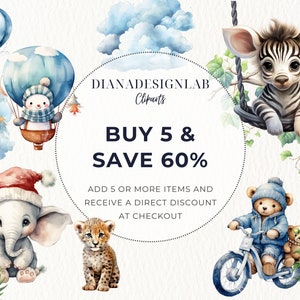 Op de afbeelding: Een aquarel-illustratie van een verscheidenheid aan schattige dieren, waaronder een zebra op een schommel, een sneeuwpop in een luchtballon, een olifant met een kerstmanmuts, een teddybeer die op een fiets rijdt en een luipaardwelp. De illustratie bevat de tekst "KOOP 5 & BESPAAR 60%" en "VOEG 5 OF MEER ARTIKELEN TOE EN ONTVANG EEN DIRECTE KORTING BIJ HET AFREKENEN".