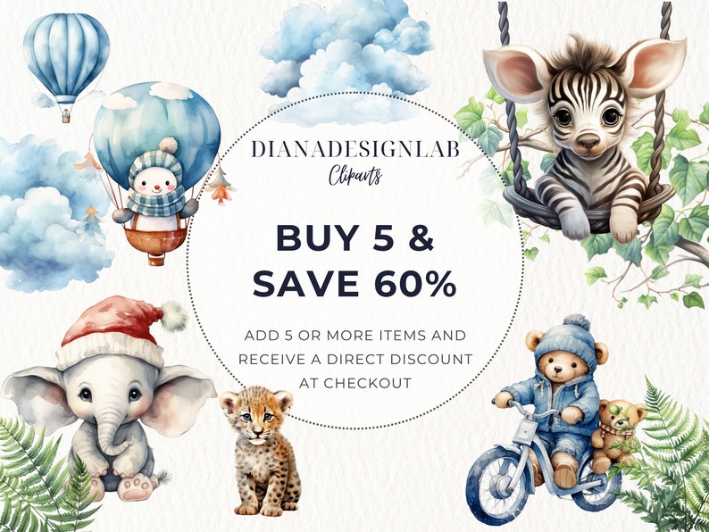 Op de afbeelding: Een aquarel-illustratie van een verscheidenheid aan schattige dieren, waaronder een zebra op een schommel, een sneeuwpop in een luchtballon, een olifant met een kerstmanmuts, een teddybeer die op een fiets rijdt en een luipaardwelp. De illustratie bevat de tekst "KOOP 5 & BESPAAR 60%" en "VOEG 5 OF MEER ARTIKELEN TOE EN ONTVANG EEN DIRECTE KORTING BIJ HET AFREKENEN".