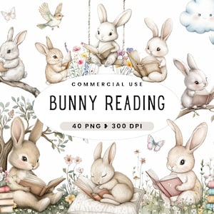 Clipart di coniglietto che legge, simpatico coniglio PNG, download digitale per creazioni, acquerello, adorabile Pasqua, boho, animali primaverili, uso commerciale