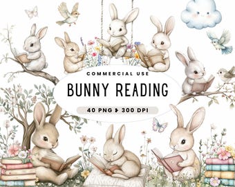 Bunny Reading Clipart, Cute Rabbit PNG, Digital Download for Crafting, Watercolor, Adorable Easter, Boho, Spring Animals, Commercial Use