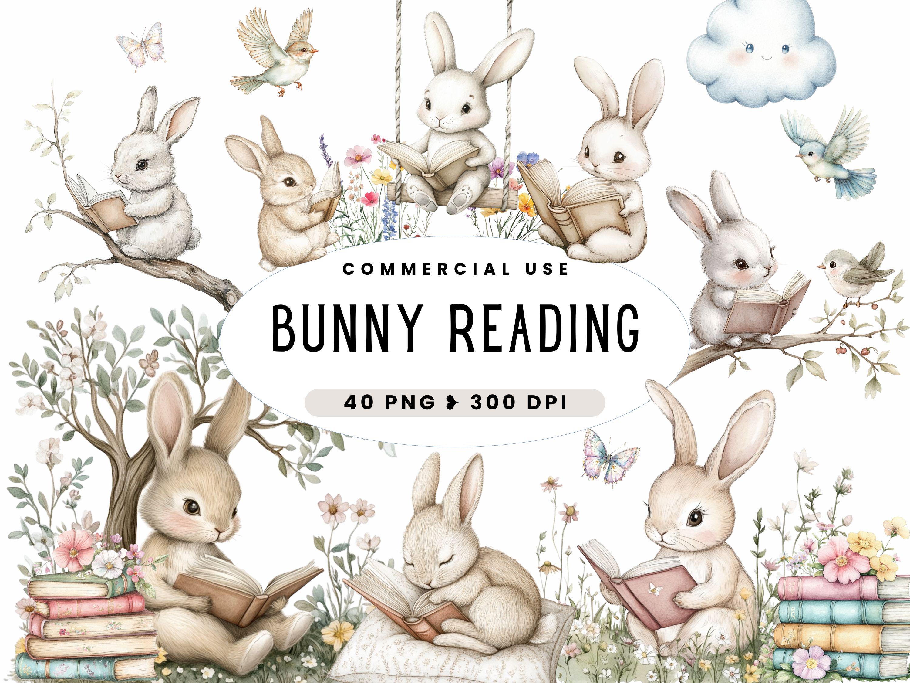 Bunny Reading Clipart, Cute Rabbit PNG, Digital Download for Crafting ...
