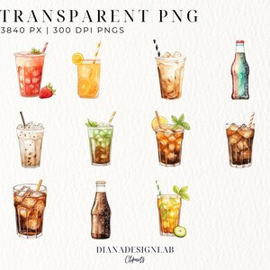 May include: 23 watercolor illustrations of various iced drinks and bottles of soda. The drinks include iced tea, iced coffee, lemonade, and cocktails. The bottles are all different colors and have different labels.