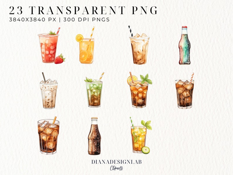 May include: 23 watercolor illustrations of various iced drinks and bottles of soda. The drinks include iced tea, iced coffee, lemonade, and cocktails. The bottles are all different colors and have different labels.