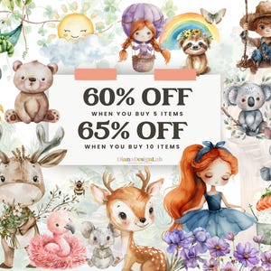 May include: A watercolor illustration featuring a variety of cute animals, including a bear, deer, koala, and a rhinoceros. The illustration also includes a sun, a rainbow, a hot air balloon, and a cactus. The text "60% OFF WHEN YOU BUY 5 ITEMS 65% OFF WHEN YOU BUY 10 ITEMS DianaDesignLab" is displayed on a pink rectangle.