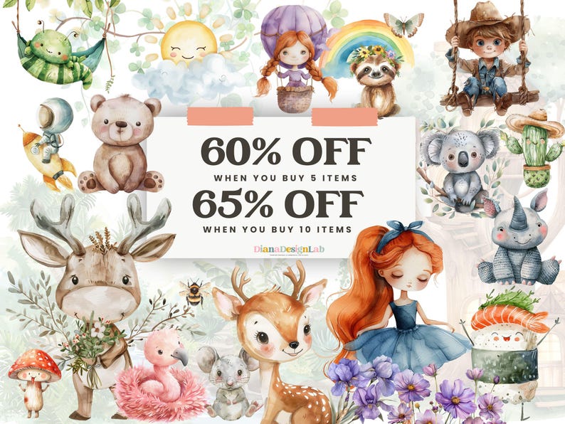 May include: A watercolor illustration featuring a variety of cute animals, including a bear, deer, koala, and a rhinoceros. The illustration also includes a sun, a rainbow, a hot air balloon, and a cactus. The text "60% OFF WHEN YOU BUY 5 ITEMS 65% OFF WHEN YOU BUY 10 ITEMS DianaDesignLab" is displayed on a pink rectangle.