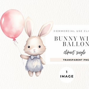 Niedliches Baby-Häschen Clipart, EINZELBILD, Geburtstags-Hasen mit Ballon, kommerzielle Lizenz, Aquarell Kaninchen für Kinderzimmer PNGs